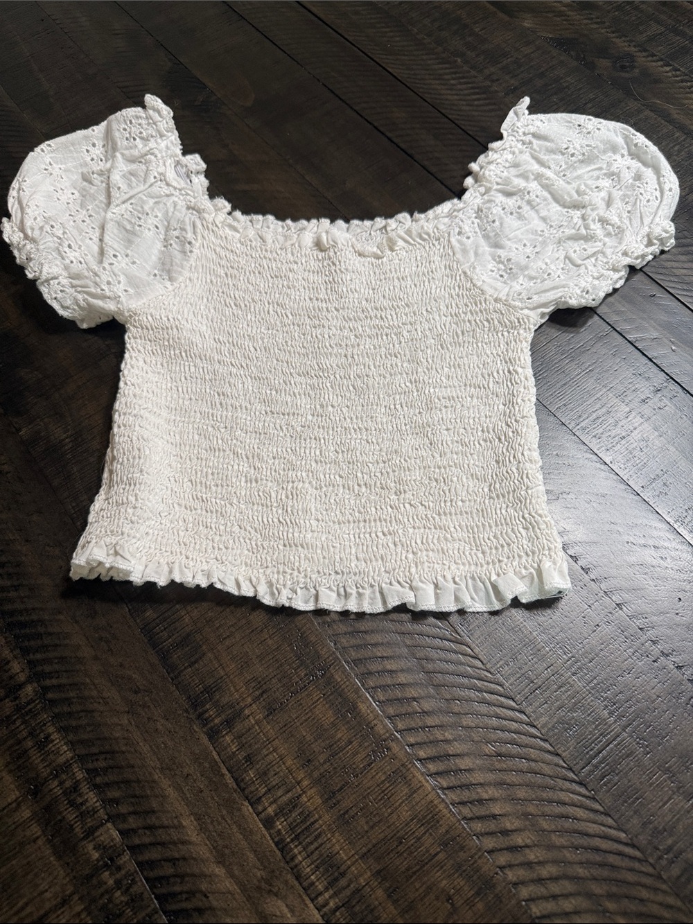 SHEIN White Smocked Eyelet Puff Sleeve Crop Top